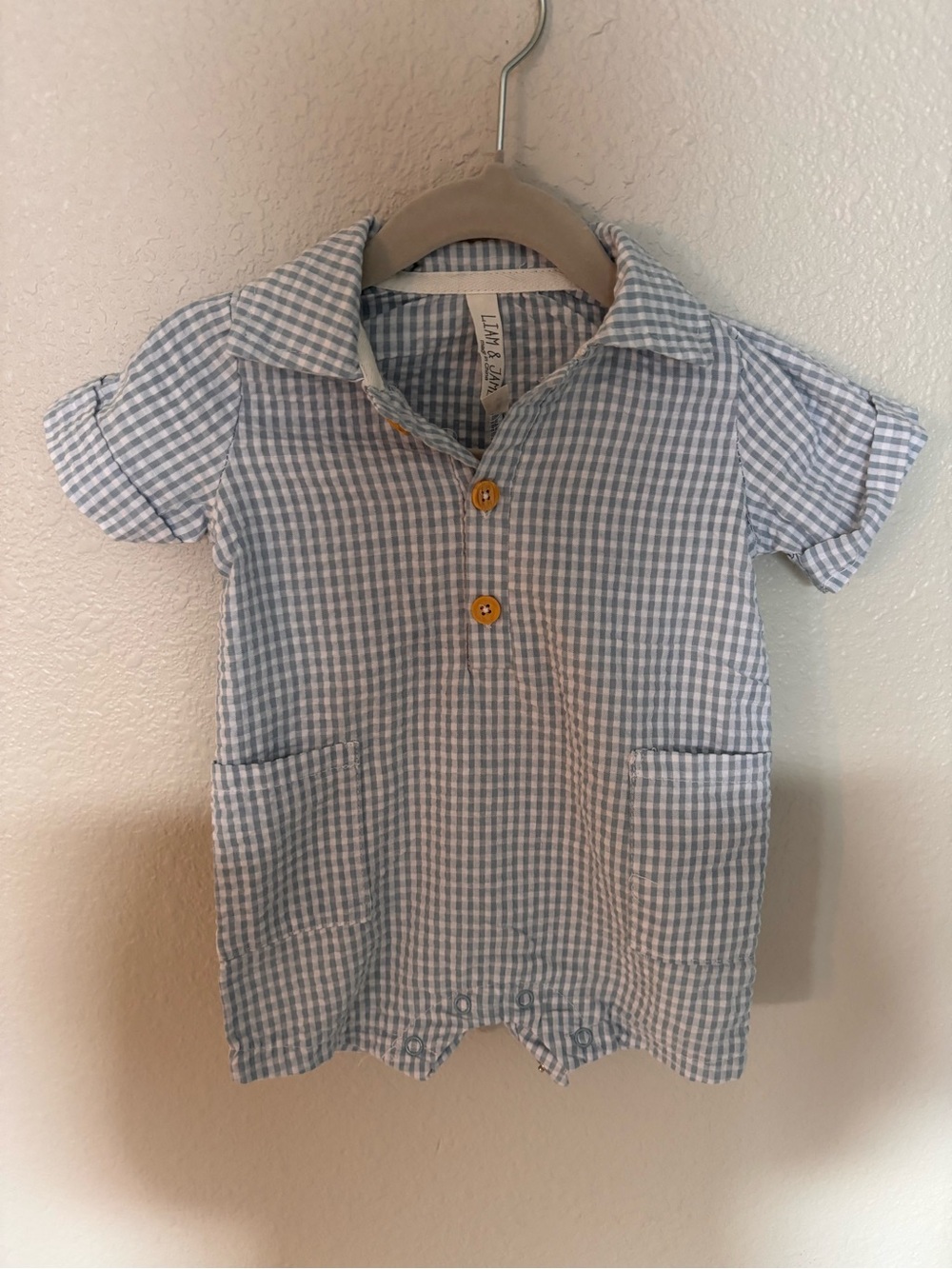 Light Blue Gingham Short-Sleeve One-Piece Bodysuit by L'ovedbaby